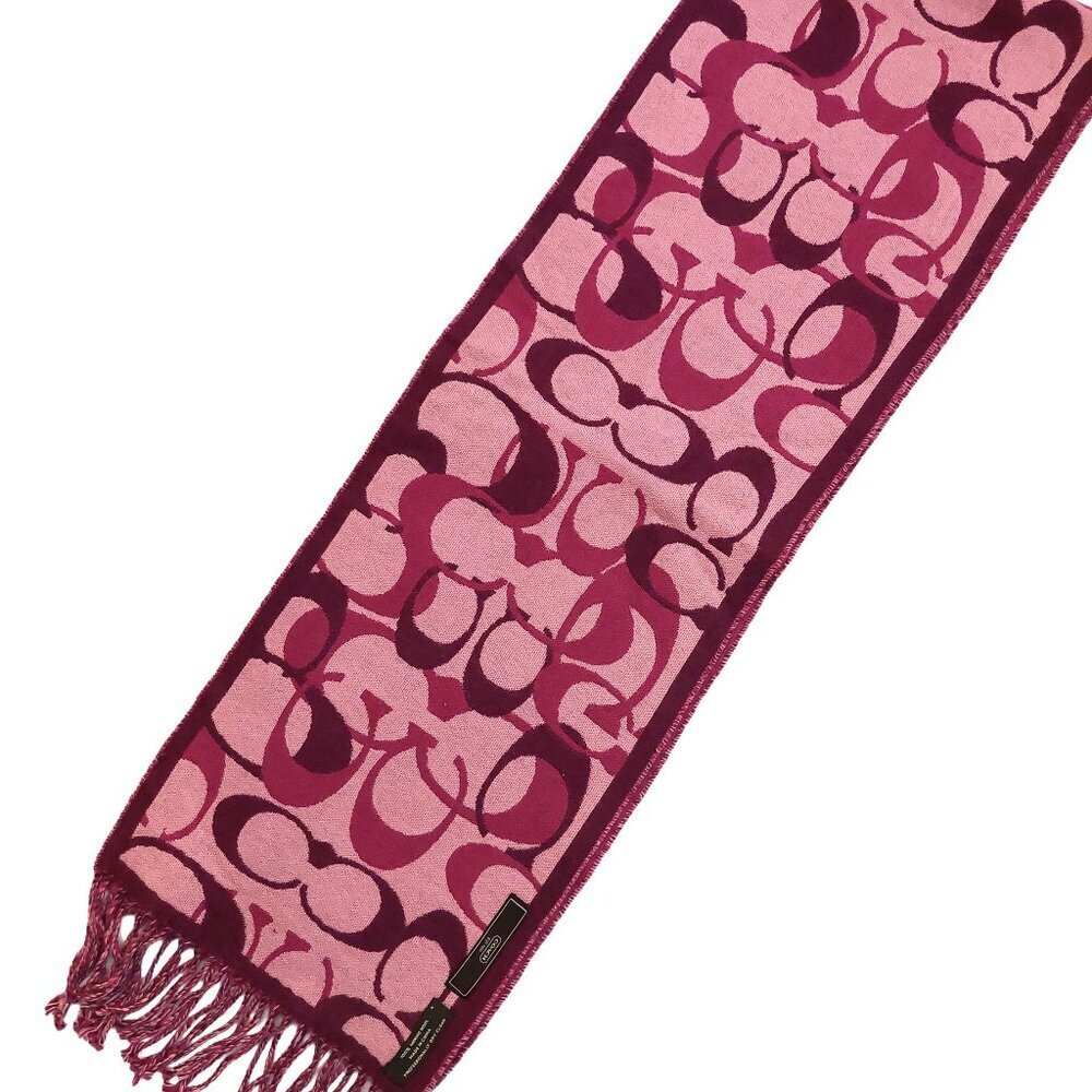COACH Pink Multi-Color Monogram C Logo Merino Wool Pre-owned Fringed Scarf - Picture 7 of 16